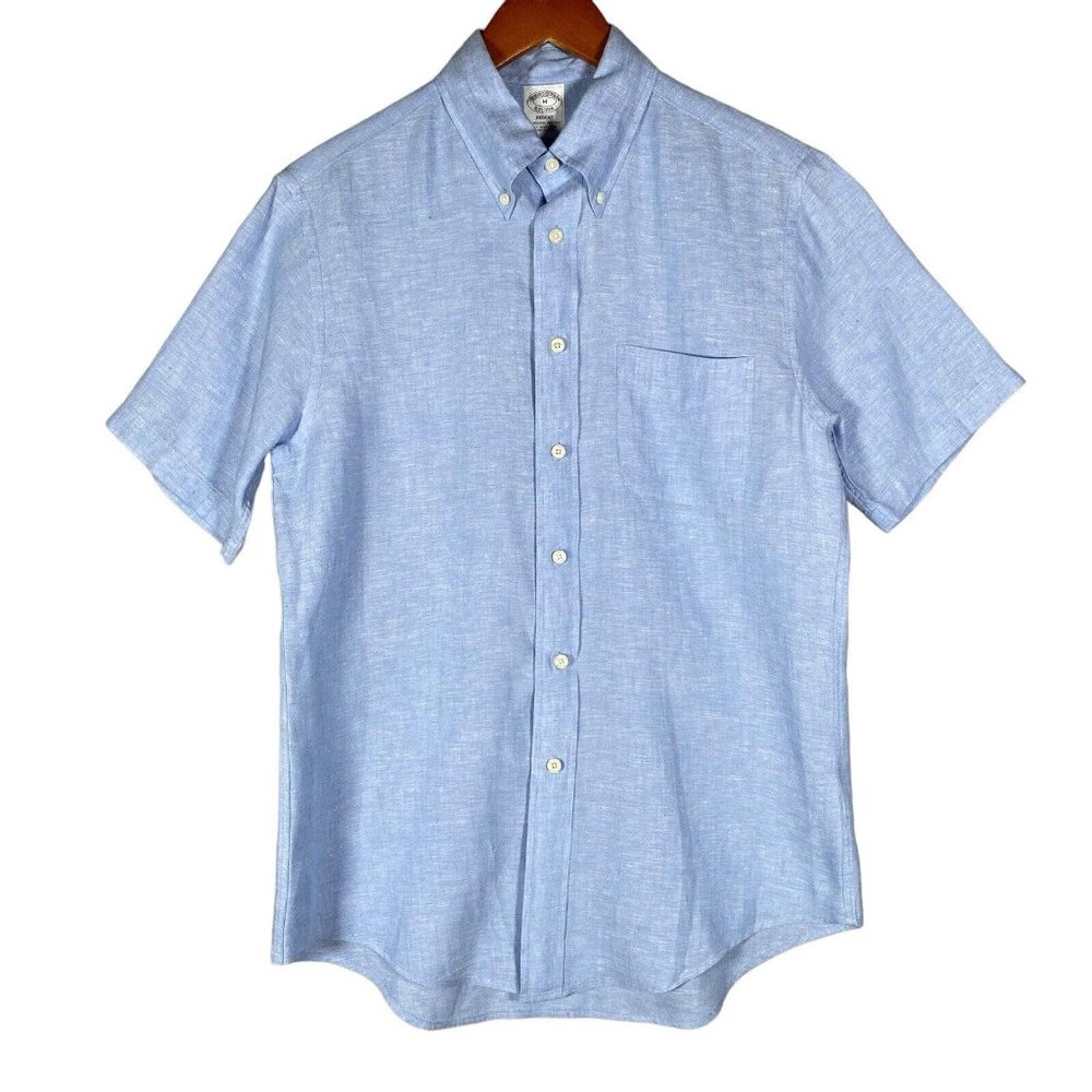 BROOKS BROTHERS Irish Linen Shirt Mens M Regent Blue Short Sleeve Button Down
